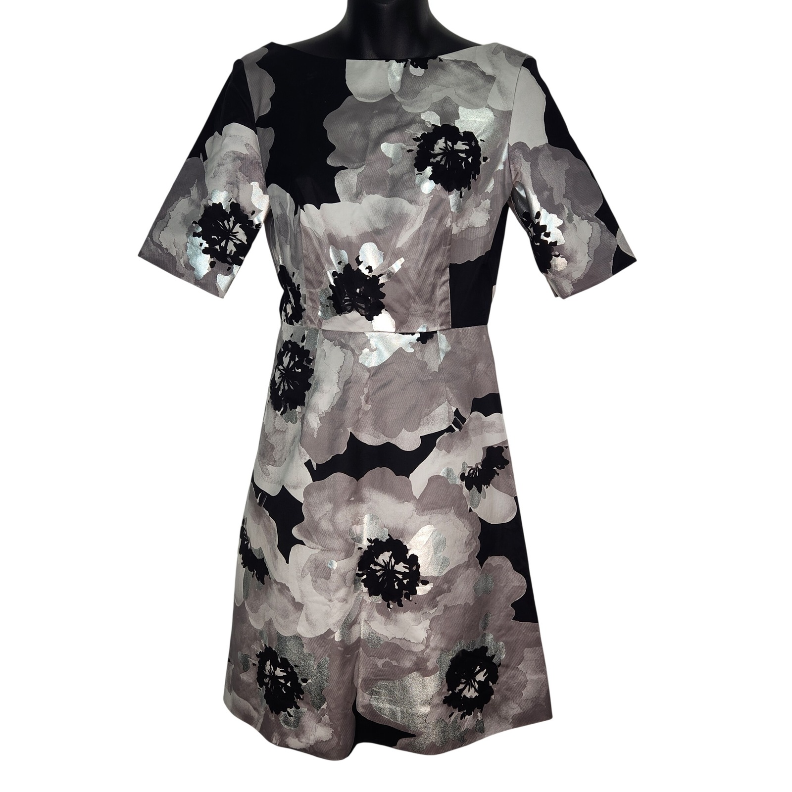 Lela Rose Metallic Floral Cotton Cocktail Dress Black Silver V-Back Size 2